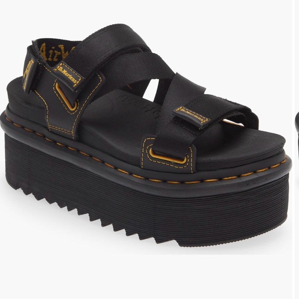 Dr. Marten Black Kimber Platform Sandals with Yellow Stitching